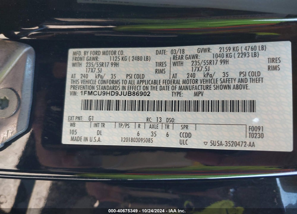 2018 FORD ESCAPE SEL VIN: 1FMCU9HD9JUB86902
