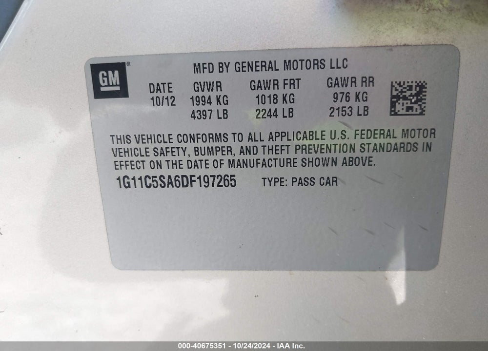 2013 CHEVROLET MALIBU 1LT VIN: 1G11C5SA6DF197265