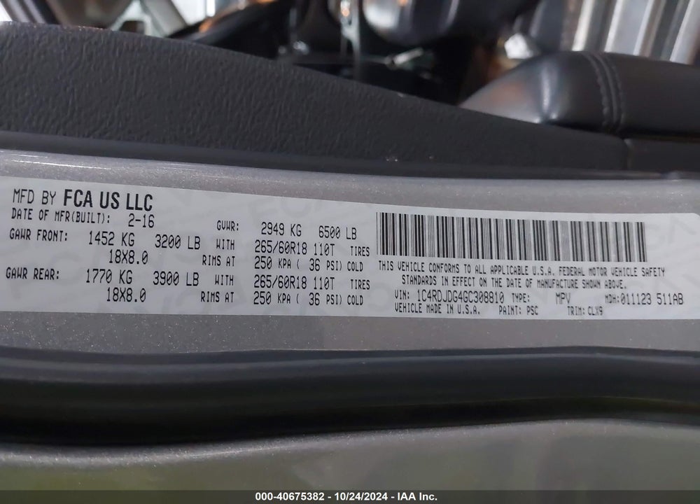 2016 DODGE DURANGO LIMITED VIN: 1C4RDJDG4GC308810