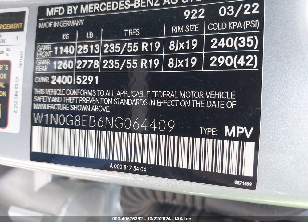 2022 MERCEDES-BENZ GLC 300 4MATIC SUV VIN: W1N0G8EB6NG064409
