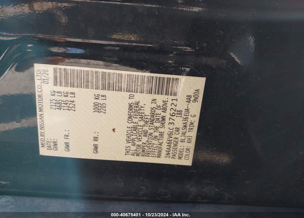 2020 NISSAN MAXIMA SR XTRONIC CVT VIN: 1N4AA6EV6LC376221