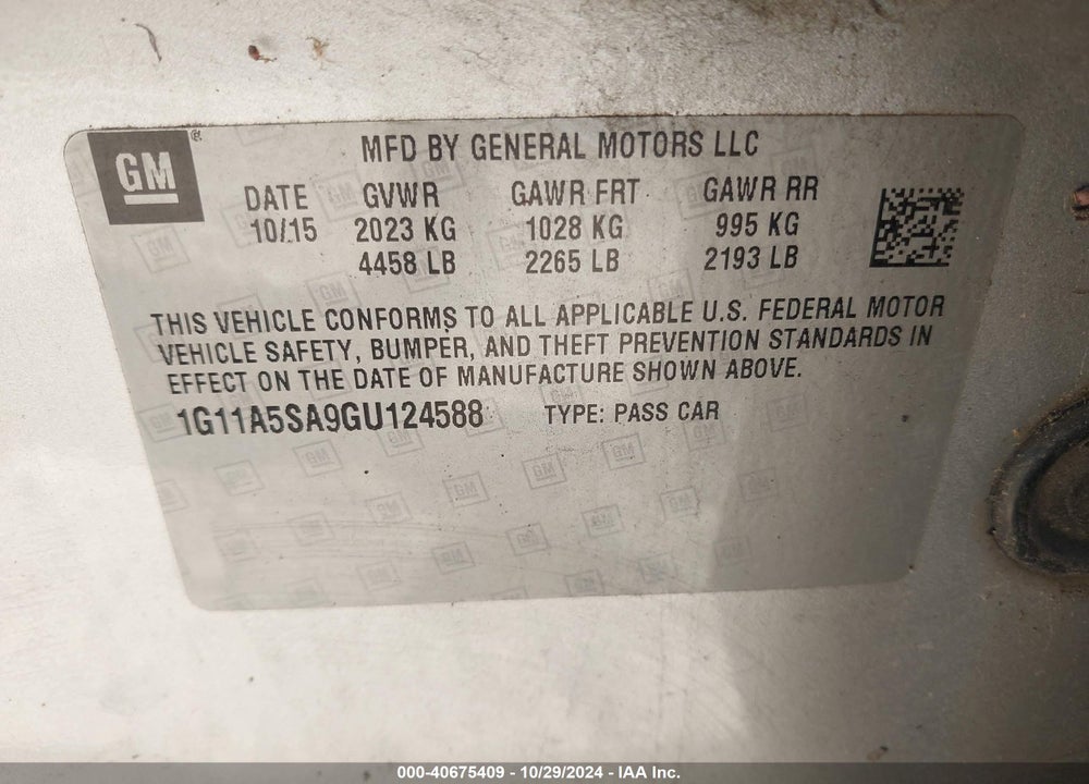 2016 CHEVROLET MALIBU LIMITED 1FL VIN: 1G11A5SA9GU124588