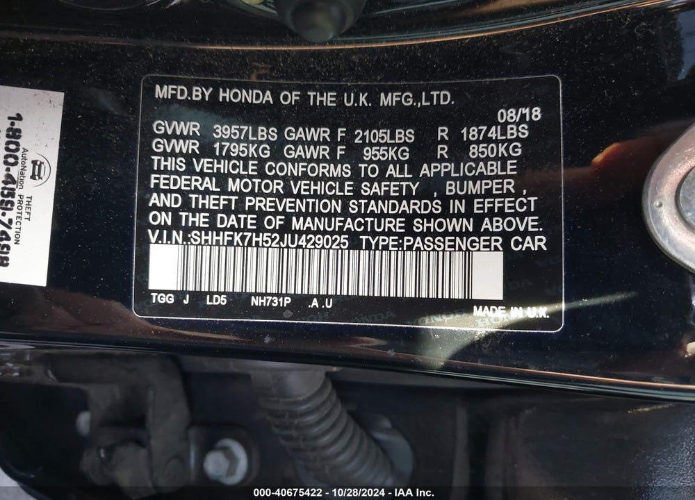 2018 HONDA CIVIC EX VIN: SHHFK7H52JU429025