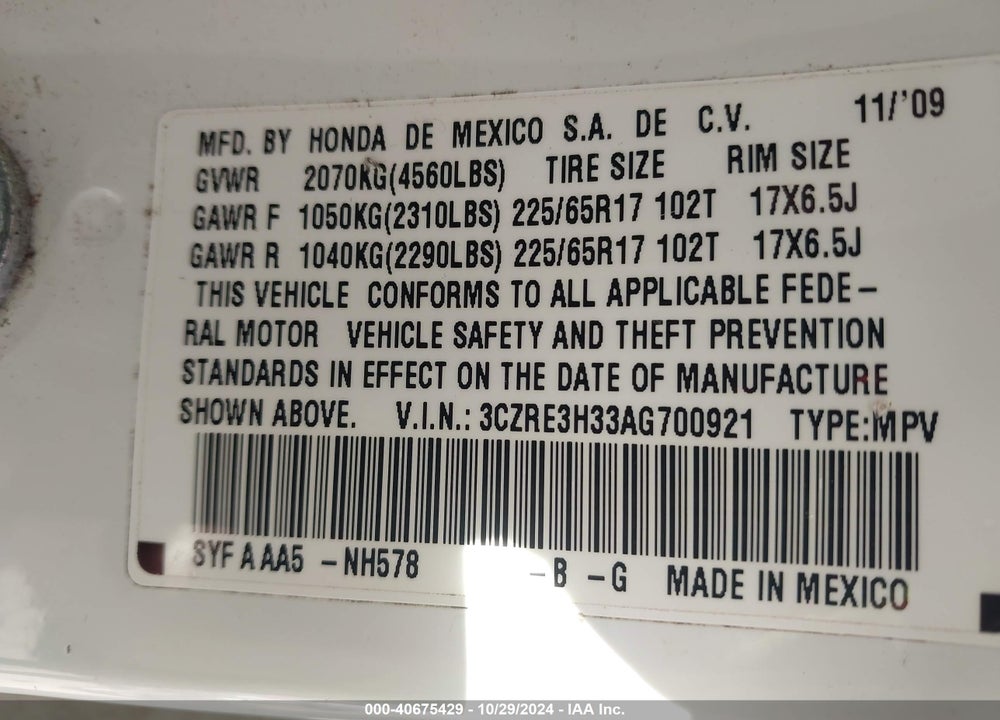 2010 HONDA CR-V LX VIN: 3CZRE3H33AG700921