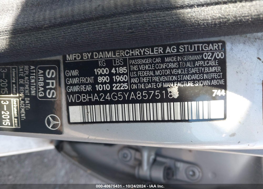 2000 MERCEDES-BENZ C 230 KOMPRESSOR VIN: WDBHA24G5YA857518