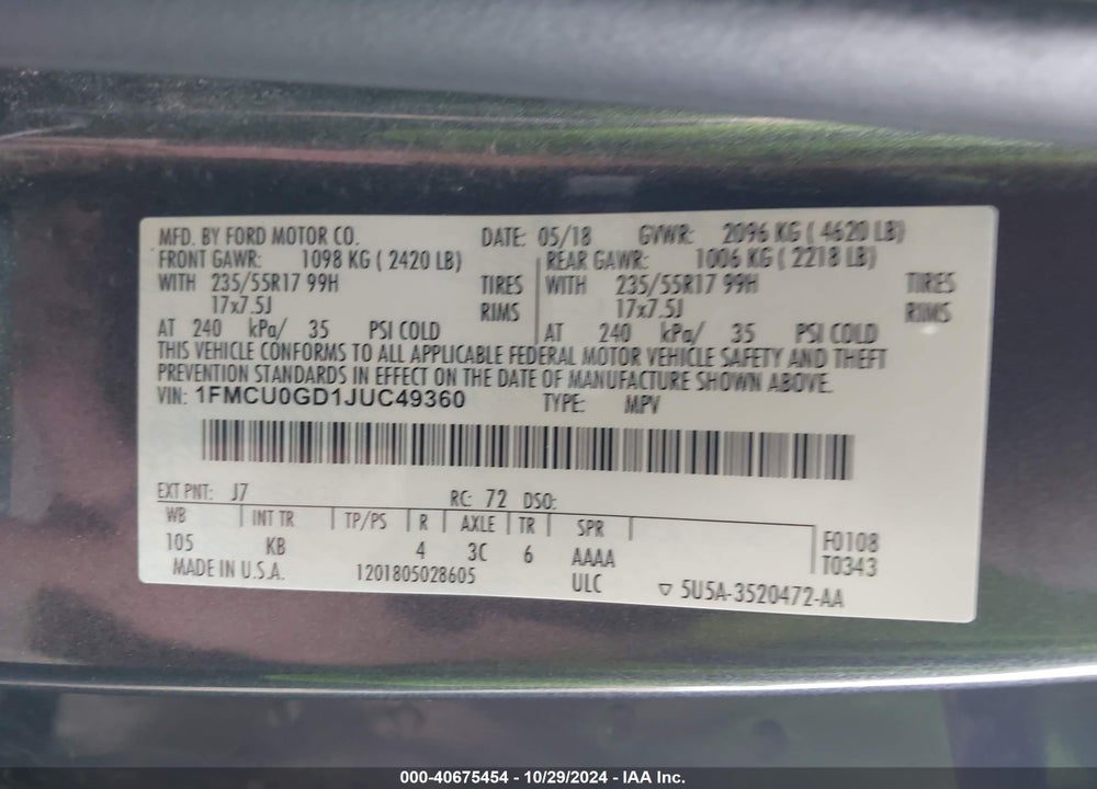 2018 FORD ESCAPE SE VIN: 1FMCU0GD1JUC49360