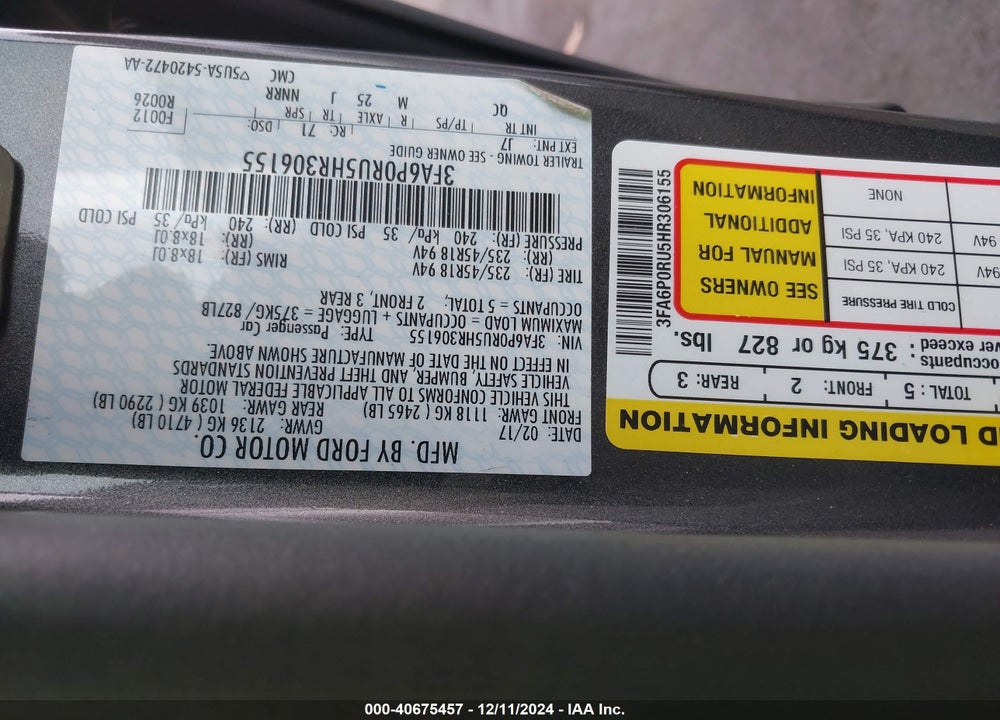 2017 FORD FUSION HYBRID PLATINUM VIN: 3FA6P0RU5HR306155