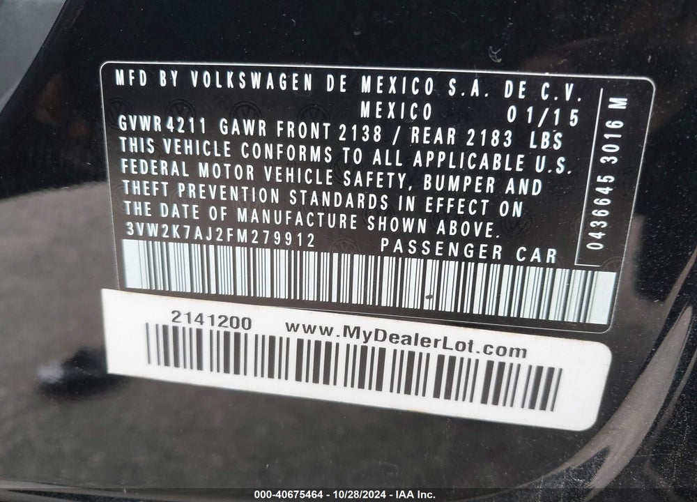 2015 VOLKSWAGEN JETTA 2.0L S VIN: 3VW2K7AJ2FM279912