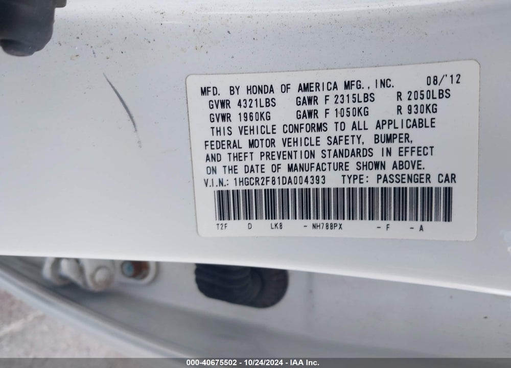 2013 HONDA ACCORD EX-L VIN: 1HGCR2F81DA004393
