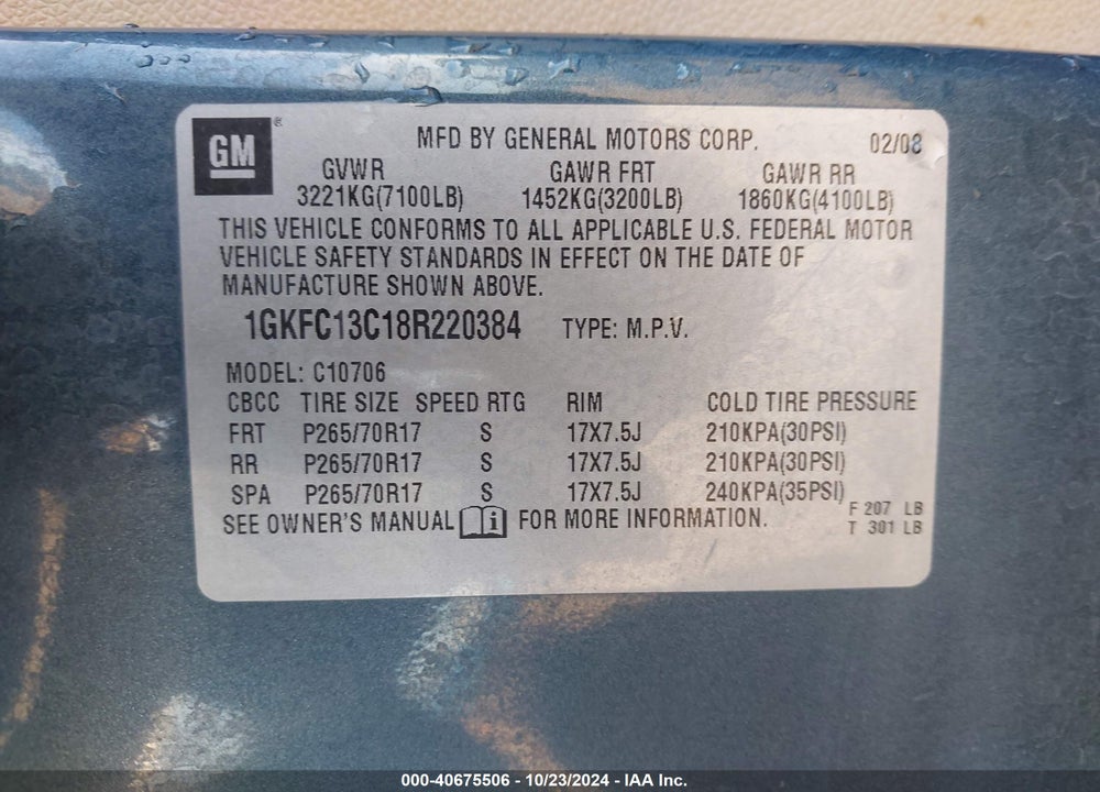 2008 GMC YUKON SLE VIN: 1GKFC13C18R220384