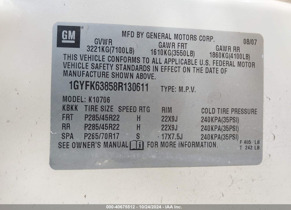 2008 CADILLAC ESCALADE STANDARD VIN: 1GYFK63858R130611