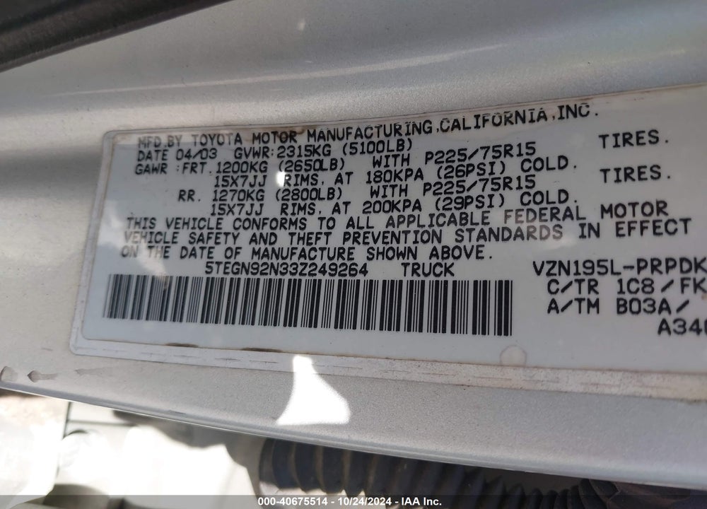 2003 TOYOTA TACOMA PRERUNNER V6 VIN: 5TEGN92N33Z249264