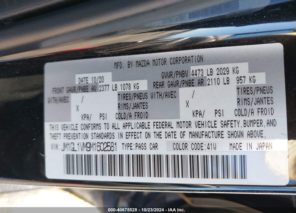 2021 MAZDA 6 TOURING VIN: JM1GL1VM9M1602581