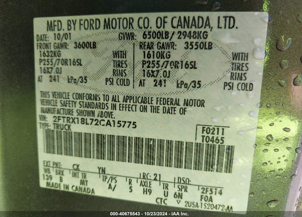 2002 FORD F-150 KING RANCH/LARIAT/XL/XLT VIN: 2FTRX18L72CA15775