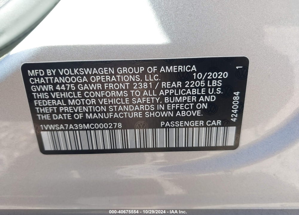 2021 VOLKSWAGEN PASSAT 2.0T SE VIN: 1VWSA7A39MC000278
