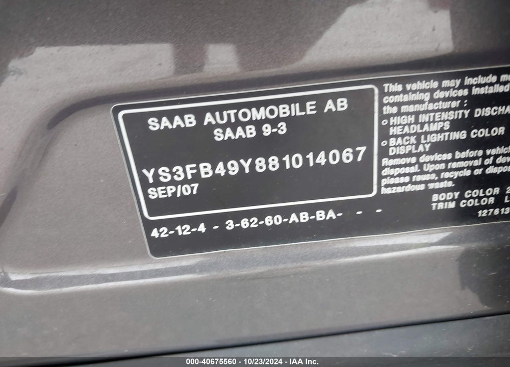 2008 SAAB 9-3 2.0T VIN: YS3FB49Y881014067