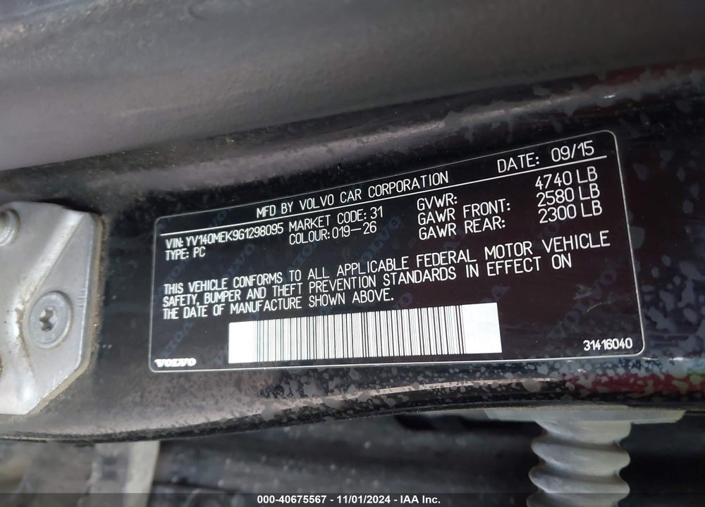 2016 VOLVO V60 VIN: YV140MEK9G1298095