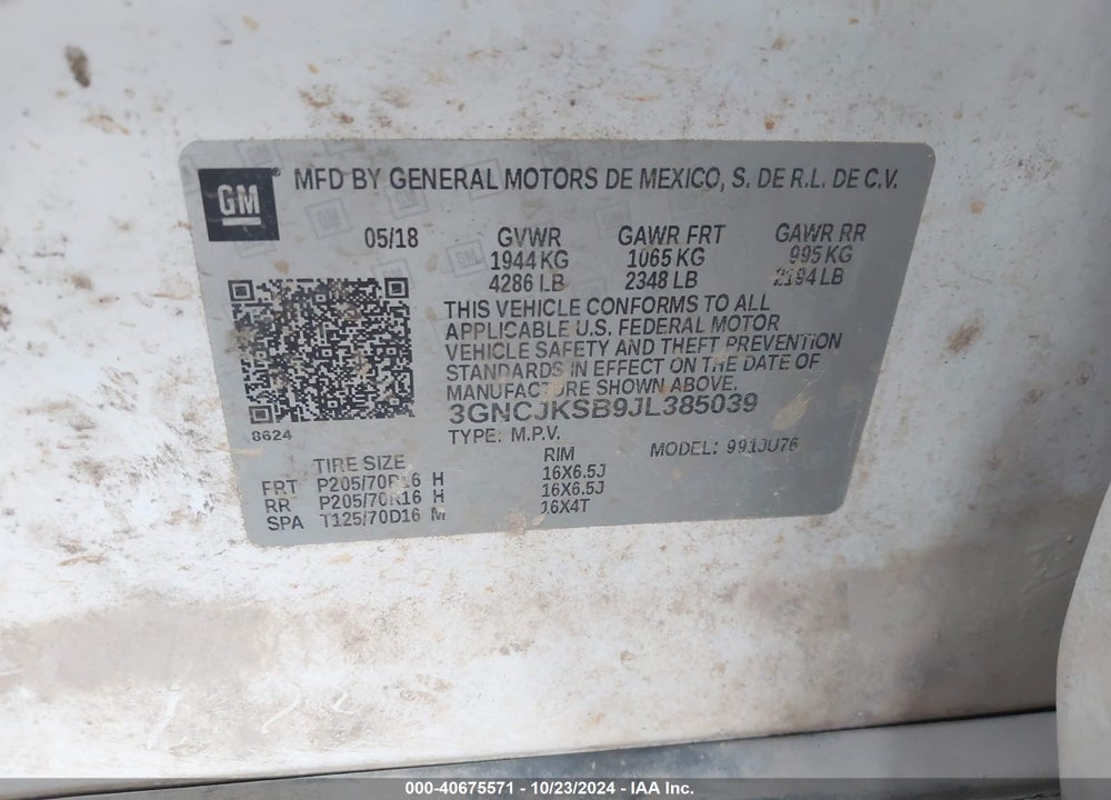 2018 CHEVROLET TRAX LS VIN: 3GNCJKSB9JL385039
