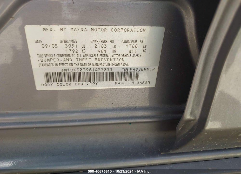 2006 MAZDA 3 S GRAND TOURING VIN: JM1BK323961433833