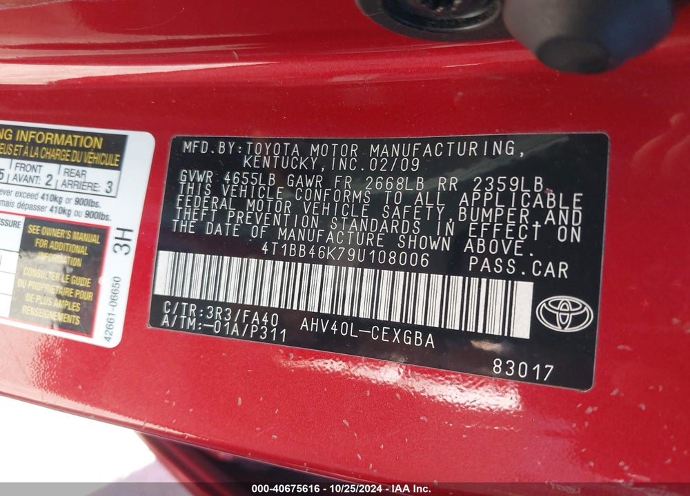 2009 TOYOTA CAMRY HYBRID VIN: 4T1BB46K79U108006