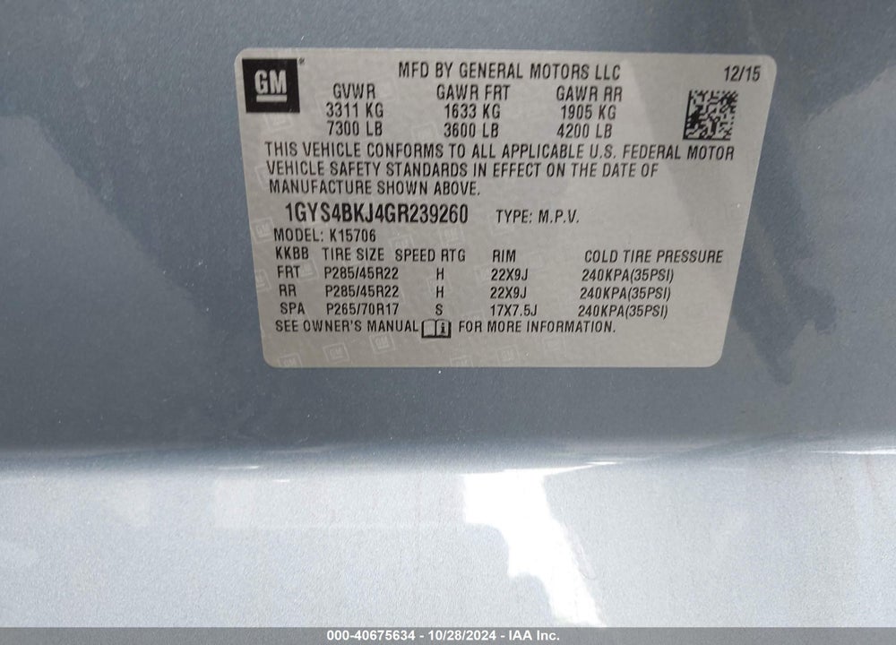 2016 CADILLAC ESCALADE VIN: 1GYS4BKJ4GR239260