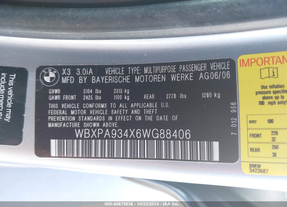 2006 BMW X3 3.0I VIN: WBXPA934X6WG88406