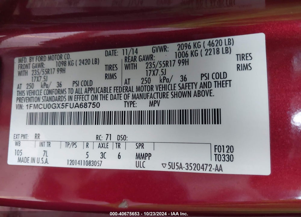 2015 FORD ESCAPE SE VIN: 1FMCU0GX5FUA68750