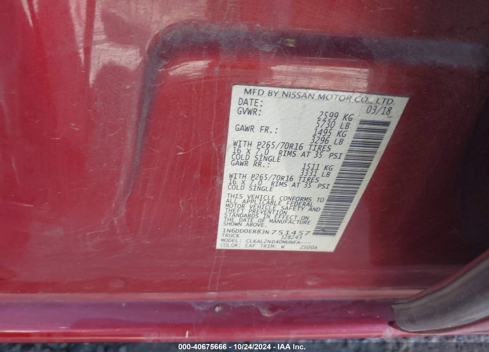 2018 NISSAN FRONTIER SV VIN: 1N6DD0ER8JN751457