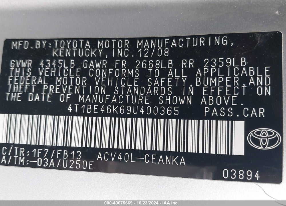 2009 TOYOTA CAMRY LE VIN: 4T1BE46K69U400365