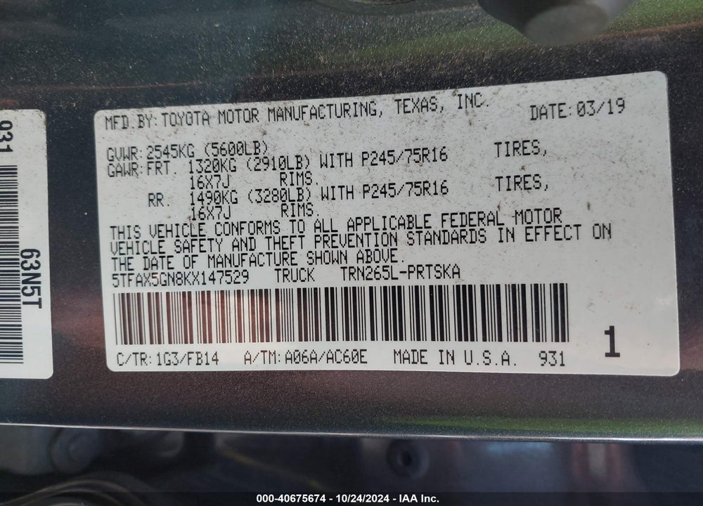 2019 TOYOTA TACOMA SR VIN: 5TFAX5GN8KX147529