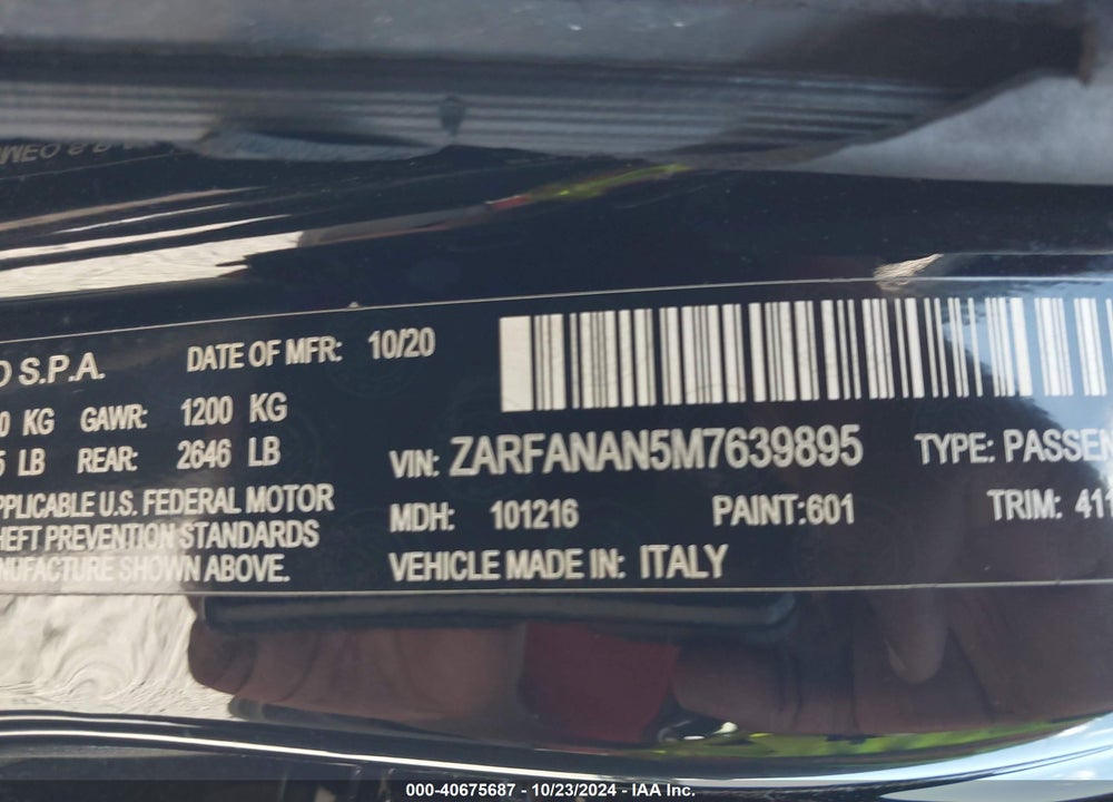 2021 ALFA ROMEO GIULIA AWD VIN: ZARFANAN5M7639895
