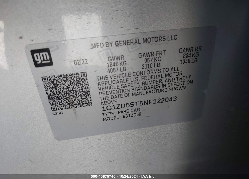 2022 CHEVROLET MALIBU FWD LT VIN: 1G1ZD5ST5NF122043