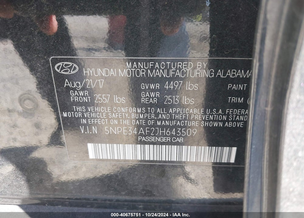 2018 HYUNDAI SONATA SEL VIN: 5NPE34AF2JH643509