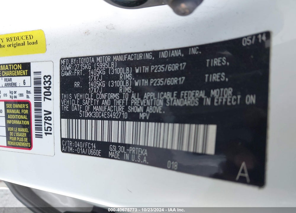 2014 TOYOTA SIENNA LE V6 8 PASSENGER VIN: 5TDKK3DC4ES492710