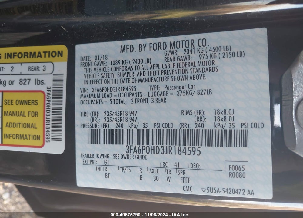 2018 FORD FUSION VIN: 3FA6P0HD3JR184595