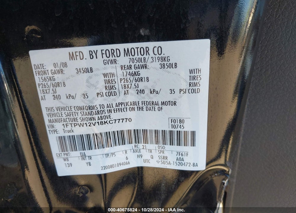 2008 FORD F-150 60TH ANNIVERSARY/FX2/KING RANCH/LARIAT/XLT VIN: 1FTPW12V18KC77770