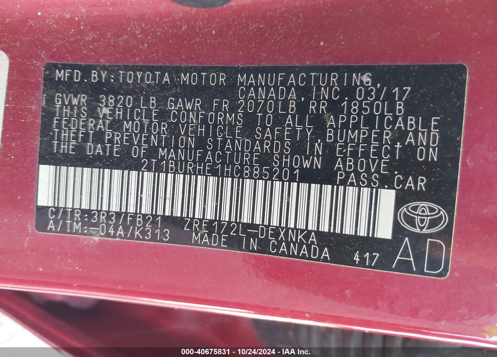 2017 TOYOTA COROLLA LE VIN: 2T1BURHE1HC885201