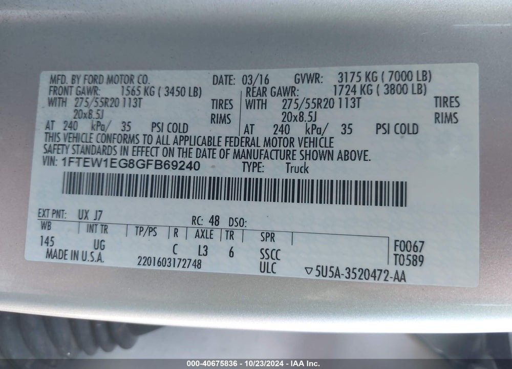 2016 FORD F-150 XLT VIN: 1FTEW1EG8GFB69240