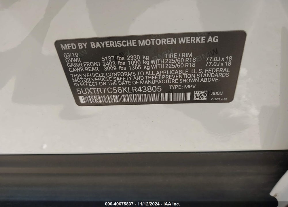 2019 BMW X3 SDRIVE30I VIN: 5UXTR7C56KLR43805