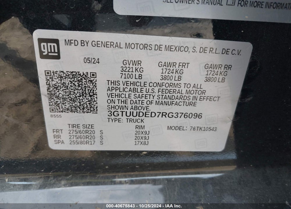 2024 GMC SIERRA 1500 4WD SHORT BOX SLT VIN: 3GTUUDED7RG376096
