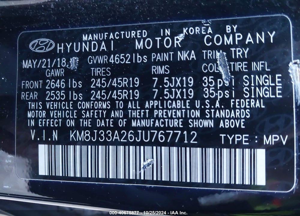 2018 HYUNDAI TUCSON VALUE VIN: KM8J33A26JU767712