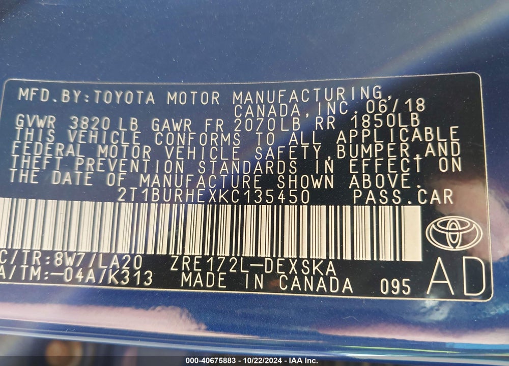 2019 TOYOTA COROLLA XSE VIN: 2T1BURHEXKC135450