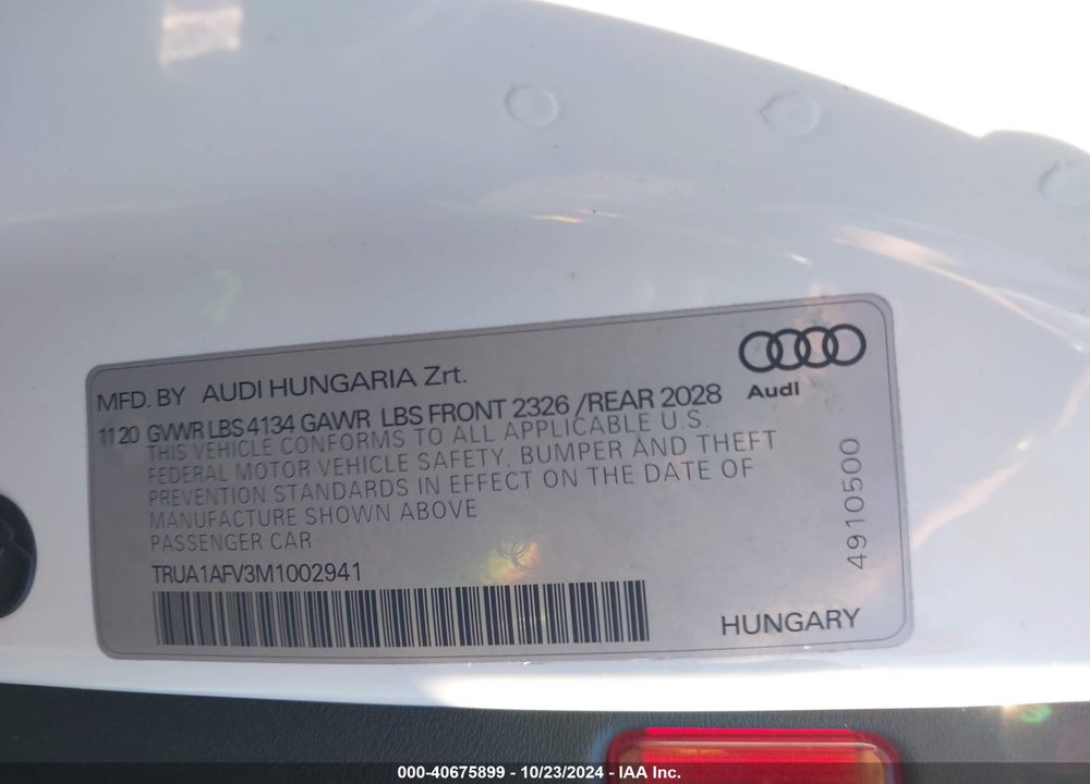 2021 AUDI TTS COUPE TFSI QUATTRO S TRONIC VIN: TRUA1AFV3M1002941