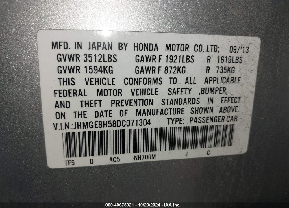 2013 HONDA FIT SPORT VIN: JHMGE8H58DC071304