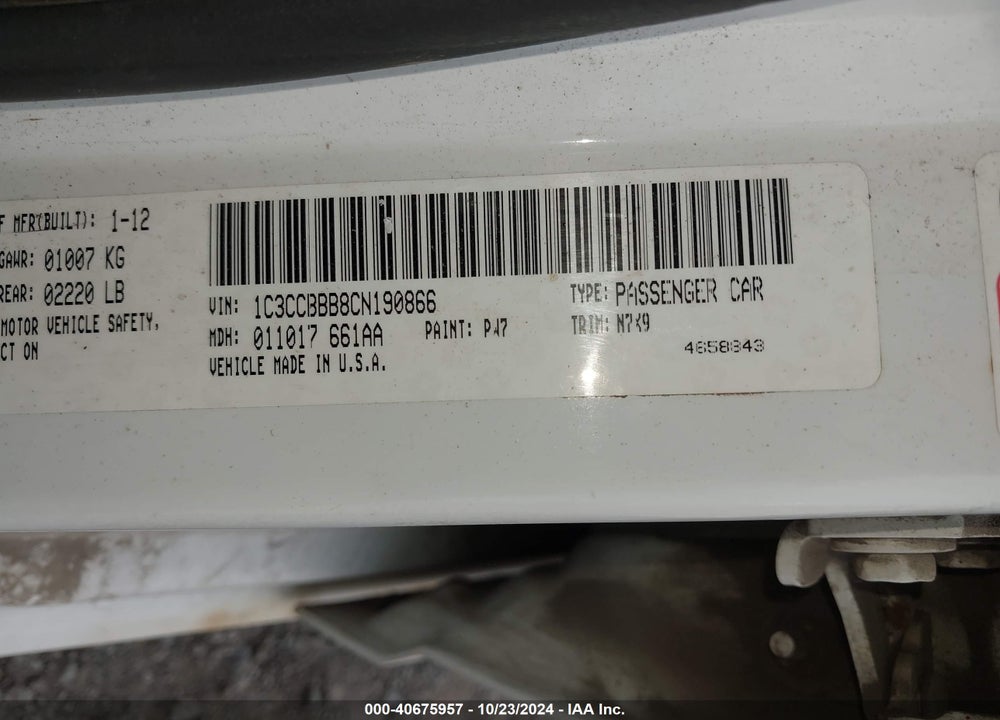 2012 CHRYSLER 200 TOURING VIN: 1C3CCBBB8CN190866