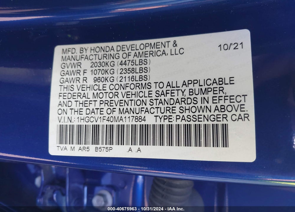 2021 HONDA ACCORD SPORT SPECIAL EDITION VIN: 1HGCV1F40MA117884