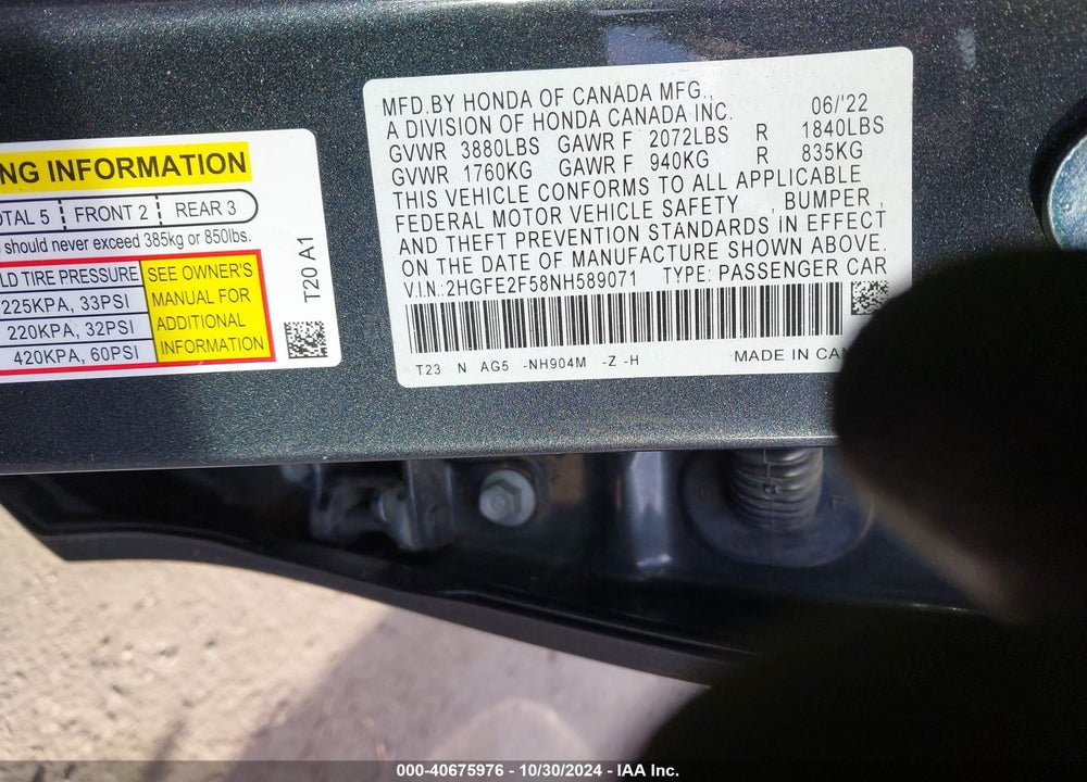 2022 HONDA CIVIC SPORT VIN: 2HGFE2F58NH589071