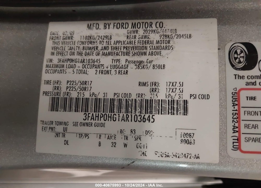 2010 FORD FUSION SE VIN: 3FAHP0HG1AR103645