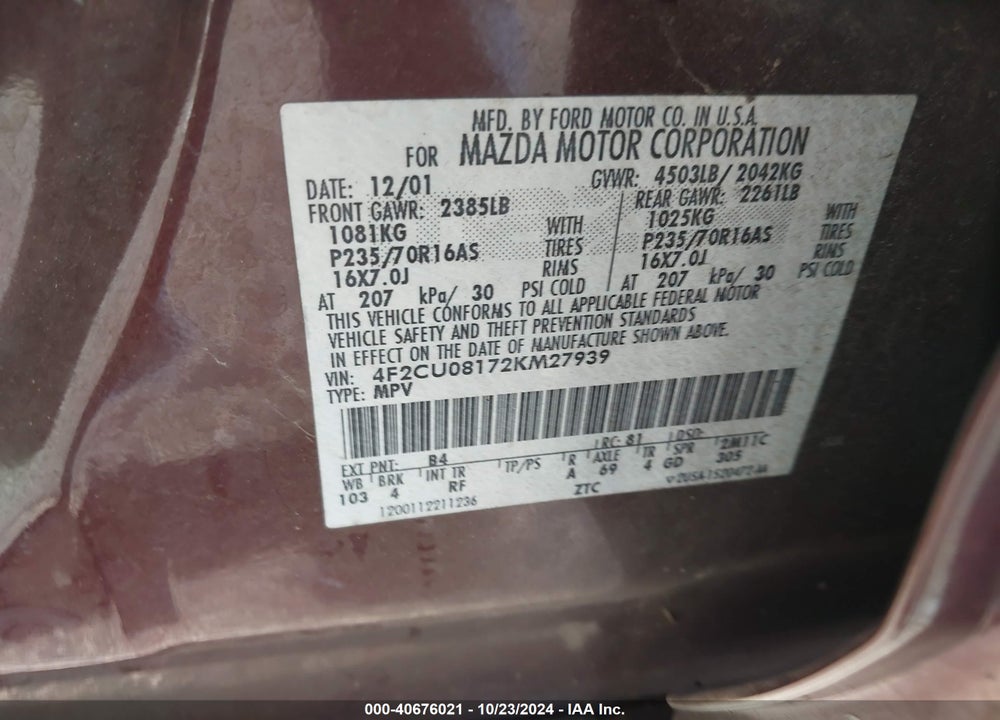 2002 MAZDA TRIBUTE ES V6/LX V6 VIN: 4F2CU08172KM27939