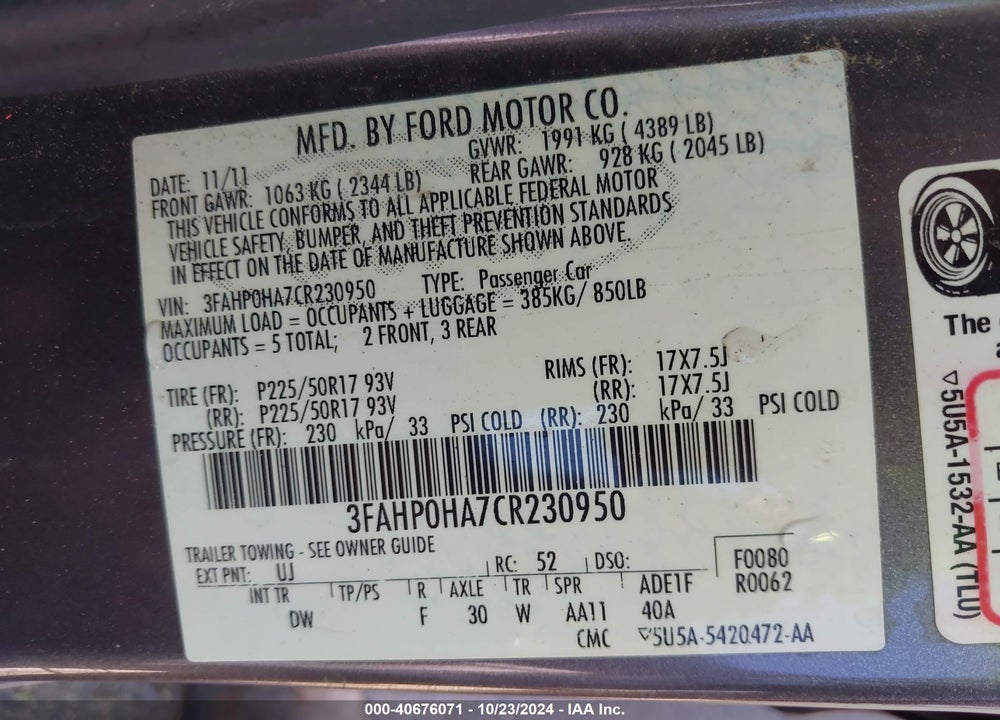2012 FORD FUSION SE VIN: 3FAHP0HA7CR230950